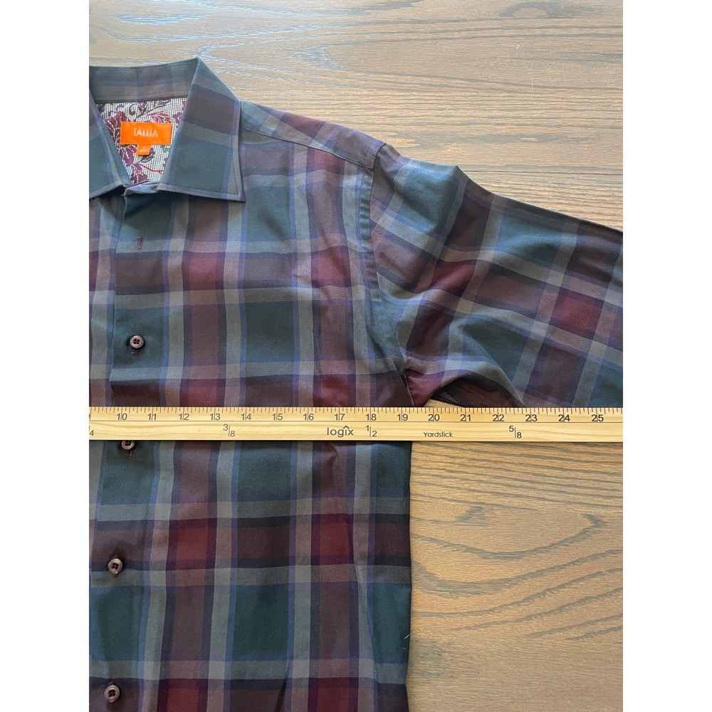 Tallia Mens Plaid Button Down Shirt Burgundy Navy Floral Contrast Cuff Size 15.5 - Picture 2 of 5